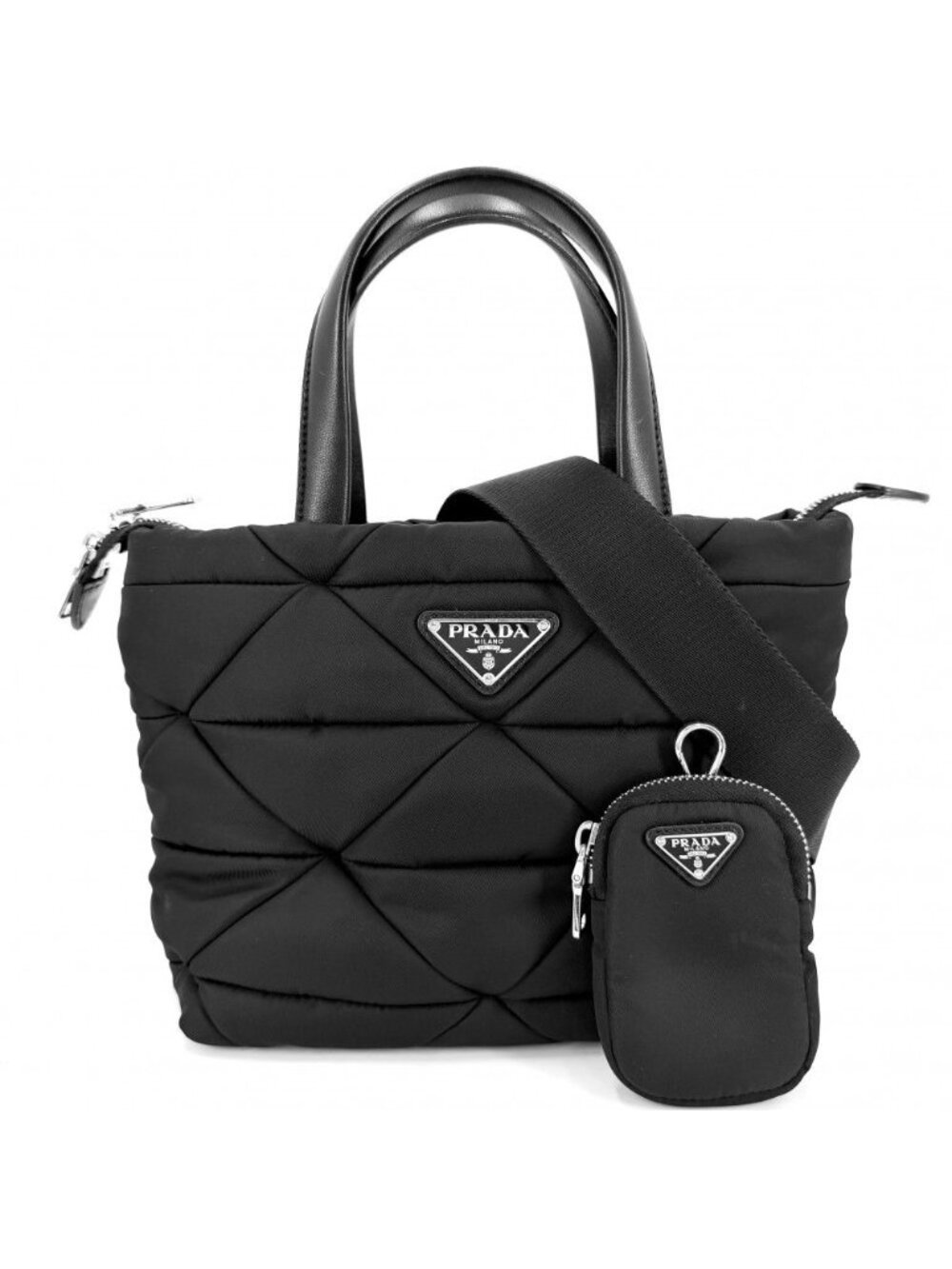 Prada 2-Way Small Padded Tote Shoulder Bag Crossbody Nylon Black Silver